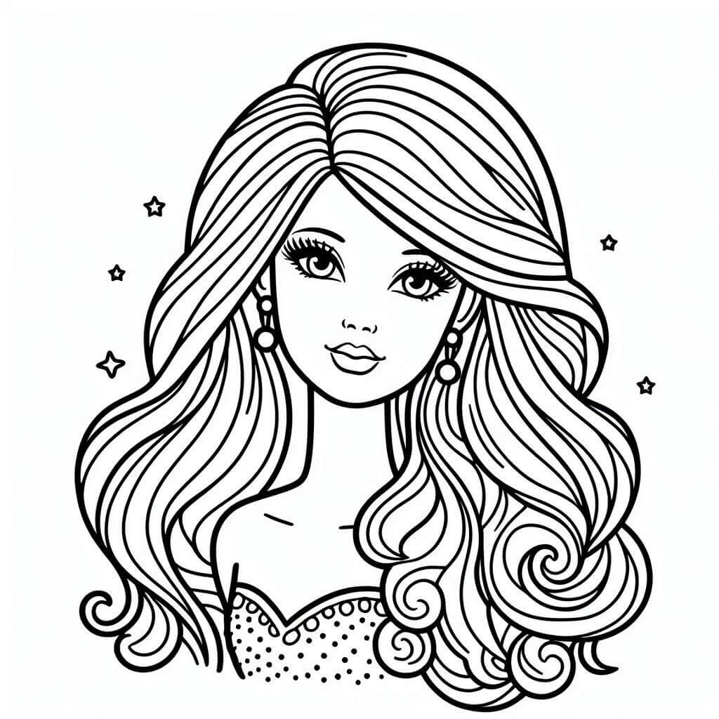 Desenho Rosto da Barbie com Cabelo Cacheado para Colorir e Imprimir
