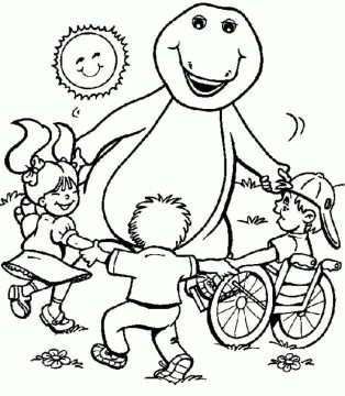 Desenho do Barney Brincando com crianças no Jardim para Colorir