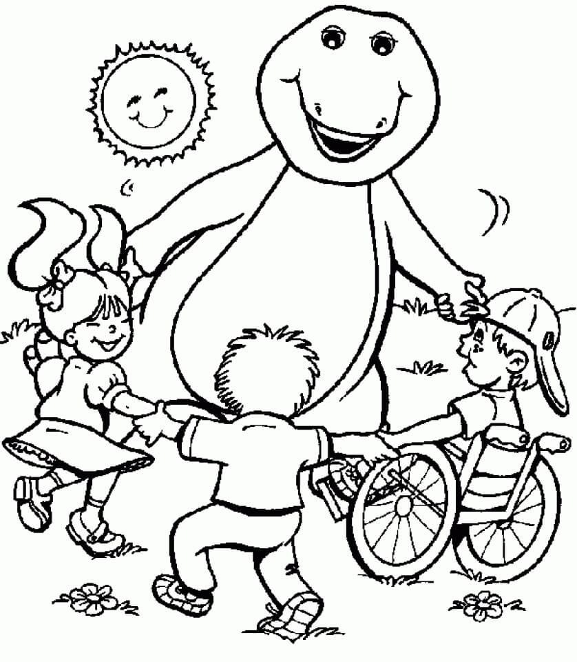 Desenho do Barney Brincando com Crianças no Jardim para Colorir