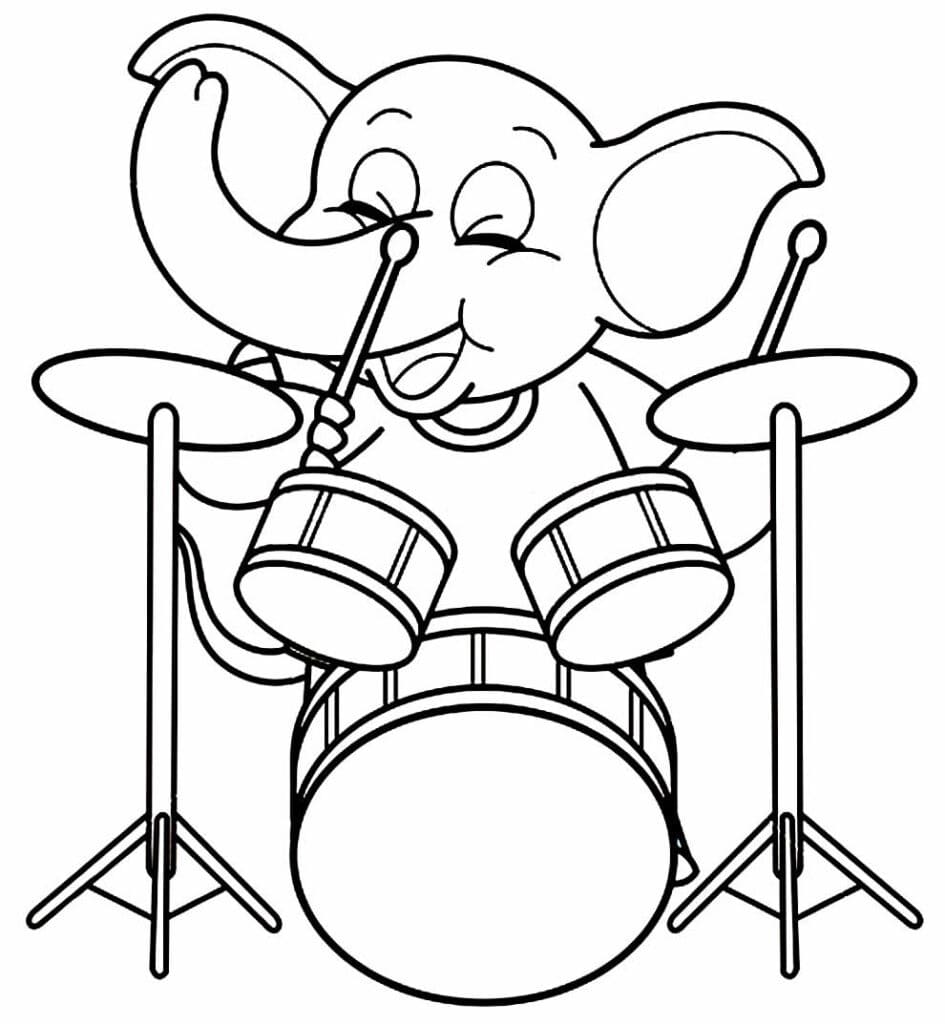 Desenho Elefante Tocando Bateria para Colorir