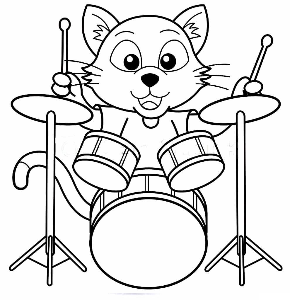 Desenho Gato Tocando Bateria para Colorir