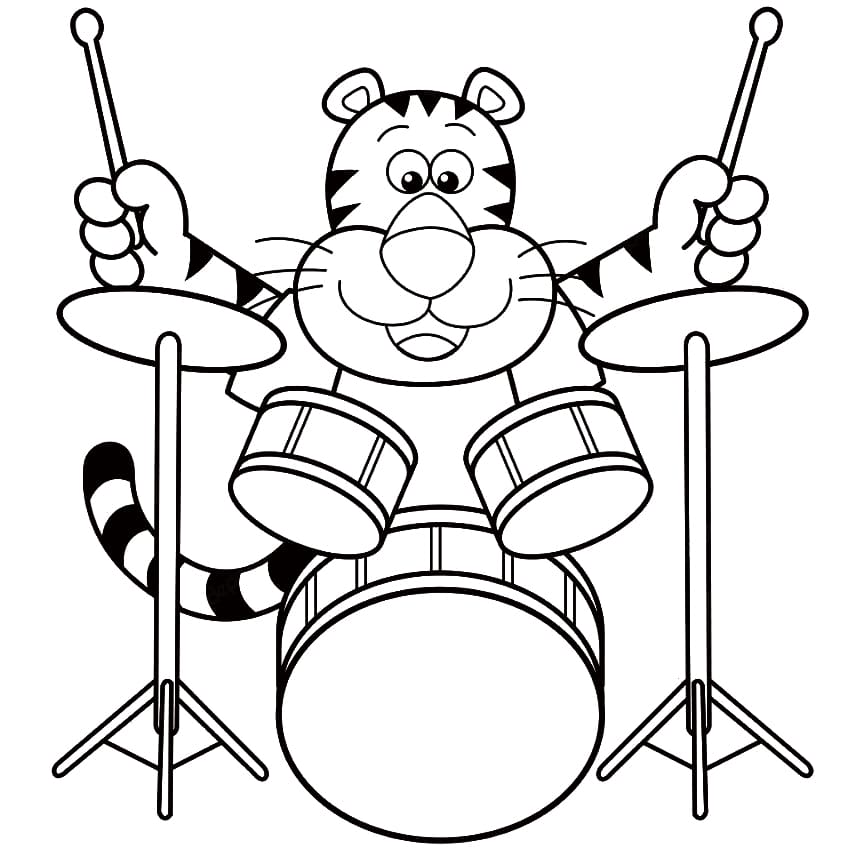 Desenho Tigre Tocando Bateria para Colorir
