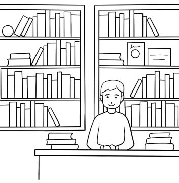 Desenho de Biblioteca para Colorir com Tinta Guache e lápis de Cor
