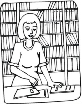 Desenho de bibliotecária na Biblioteca para Colorir em Pdf grátis