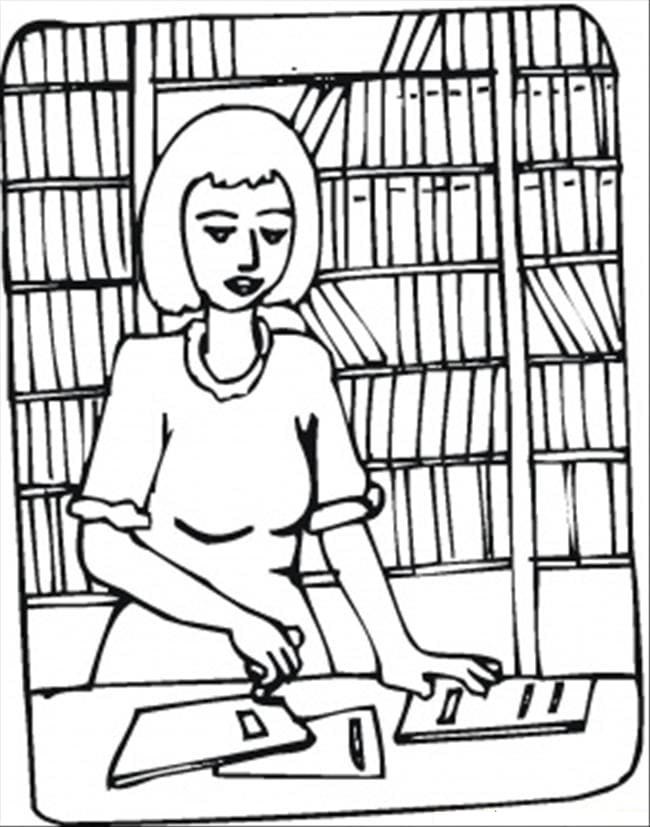 Desenho de Bibliotecária na Biblioteca para Colorir em Pdf Grátis