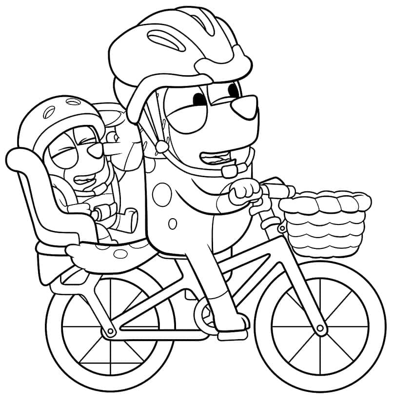 Desenho de Bingo e Bluey de Bicicleta para Colorir