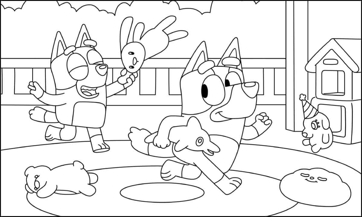 Desenho de Bluey Brincando com Pelucias para Colorir