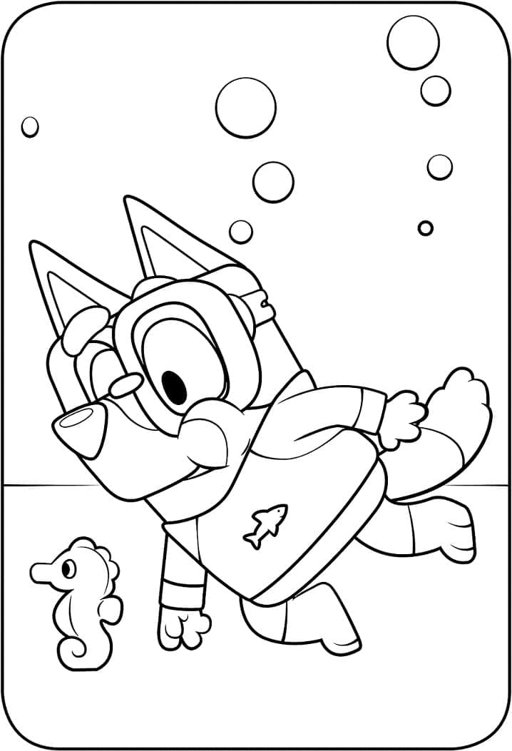 Desenho de Bluey e Cavalo Marinho para Colorir