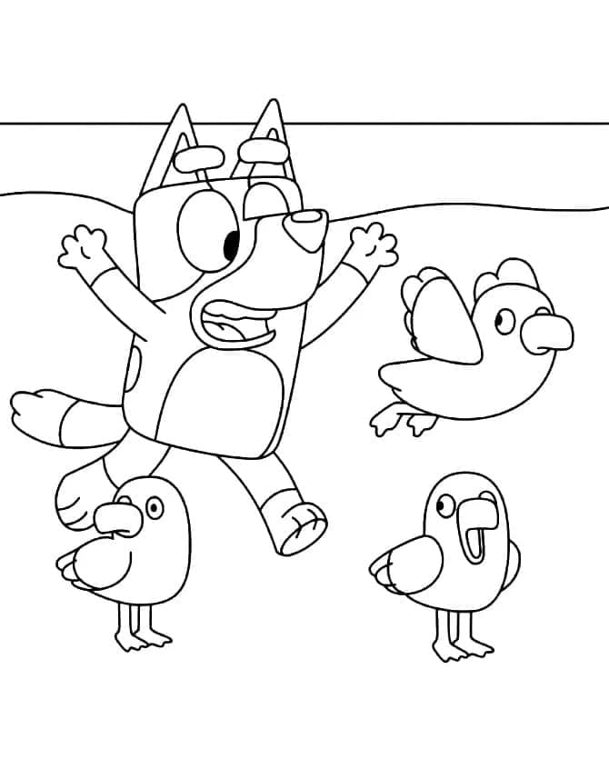 Desenho de Bluey e Pássaros para Colorir