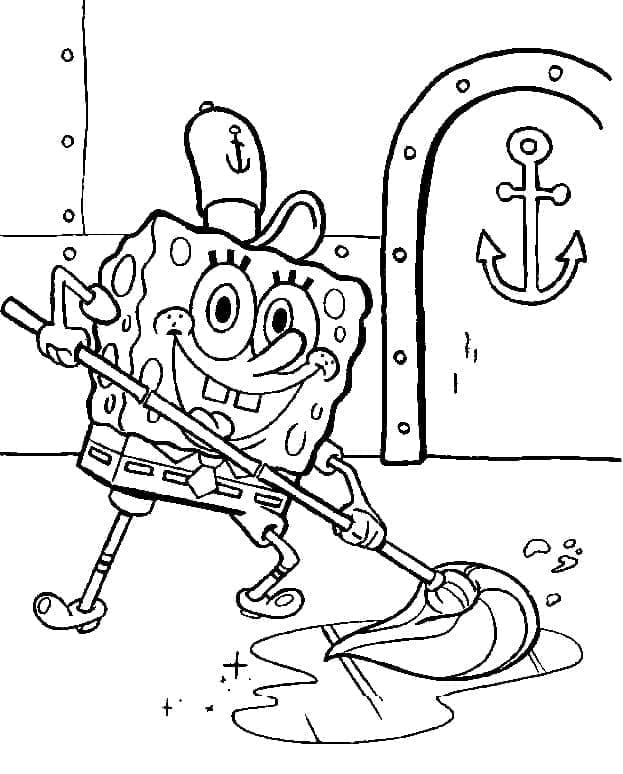 Desenho de Bob Esponja Alegre Limpando Restaurante para Colorir