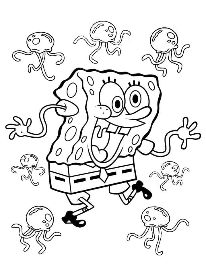 Desenho de Bob Esponja Brincando com Água Viva para Colorir