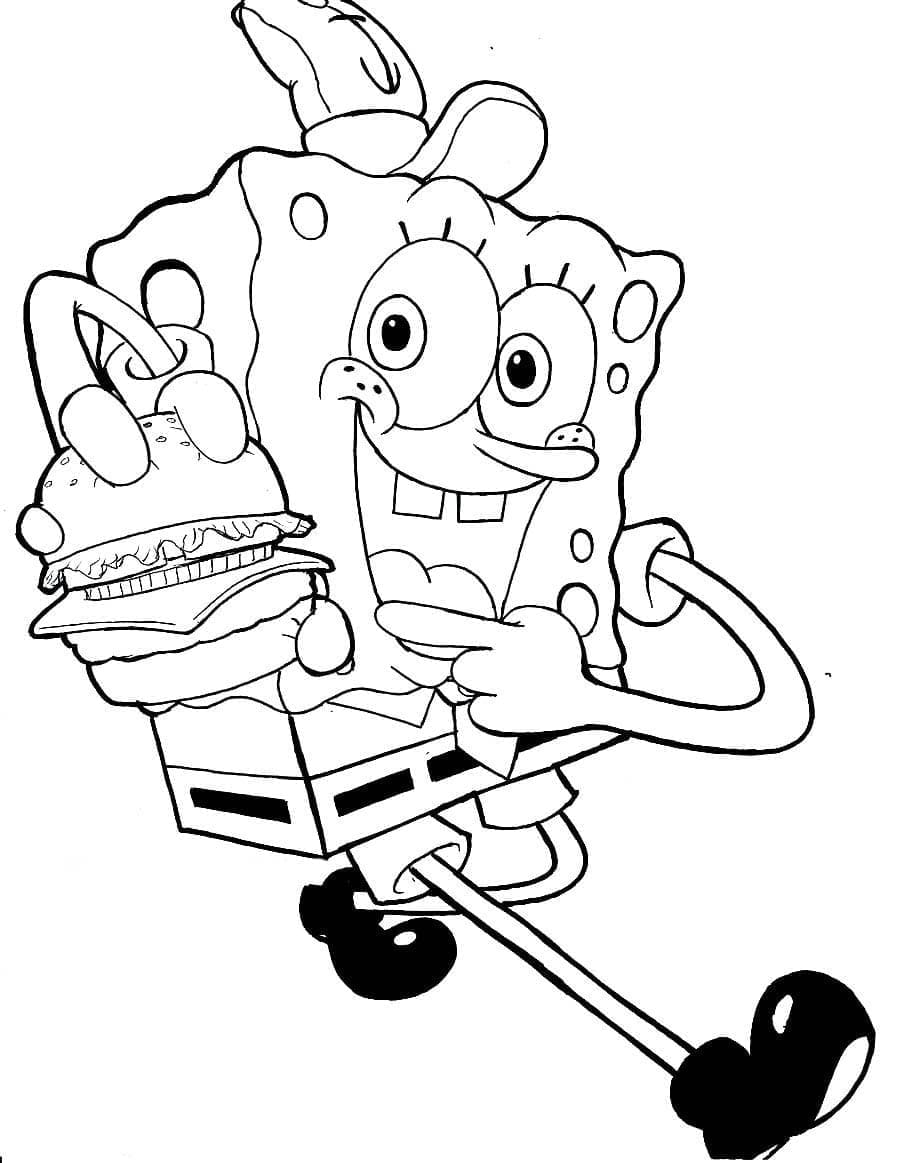 Desenho de Bob Esponja com Hamburguer para Colorir