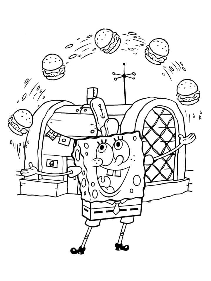 Desenho de Bob Esponja com Hamburgueres para Colorir