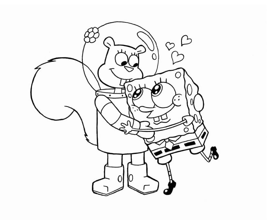 Desenho de Bob Esponja com Sandy Bochechas para Colorir