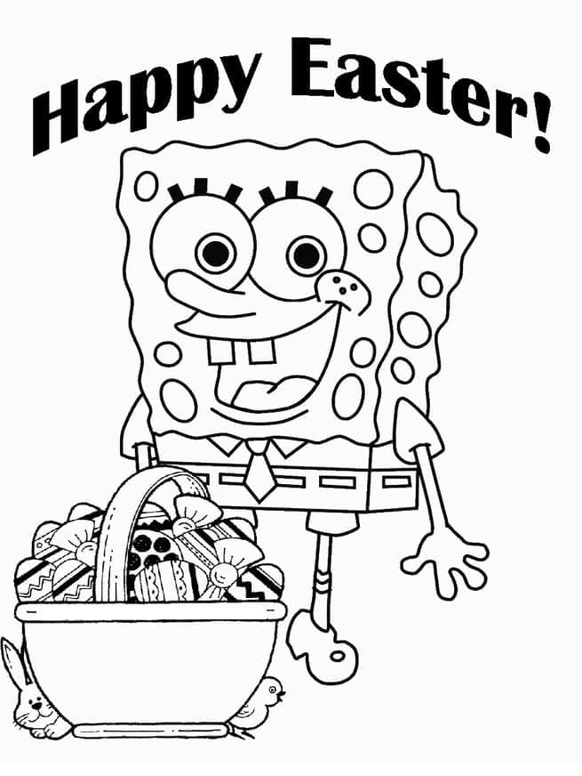 Desenho de Bob Esponja e Cesta de Páscoa para Colorir