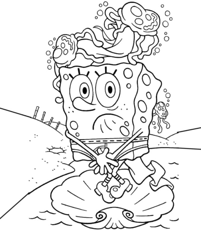 Desenho de Bob Esponja sem Calças na Cidade para Colorir