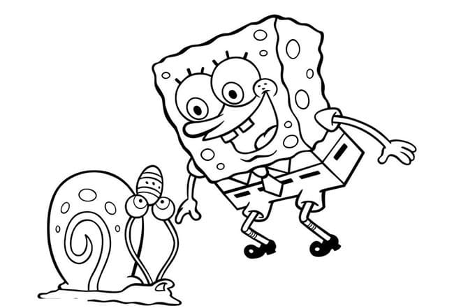 Desenho de Gary Caracol com Bob Esponja para Colorir
