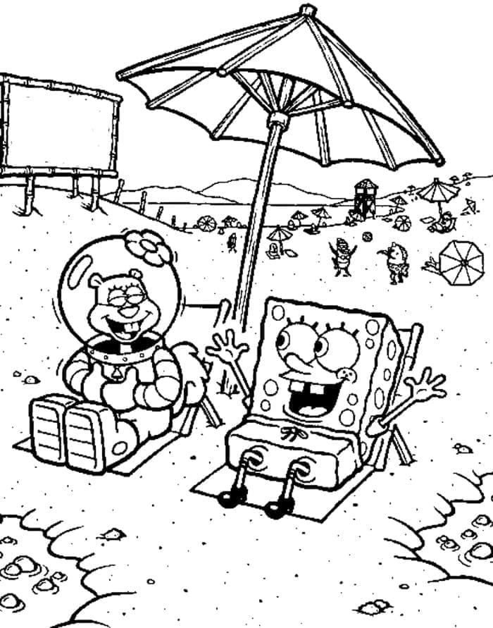 Desenho de Sandy Bochechas e Bob Esponja na Praia para Colorir