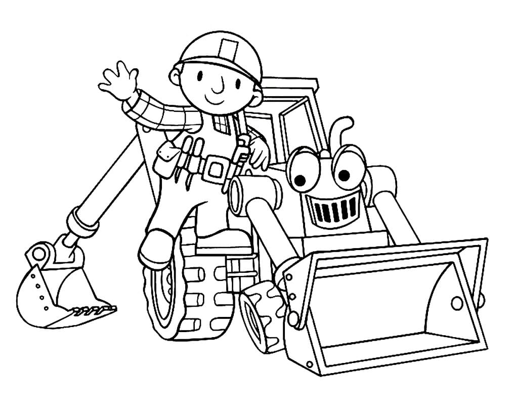 Desenho de Bob o Construtor em Cima de um Trator para Colorir