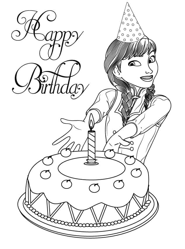 Desenho de Anna e Bolo de Aniversário para Colorir