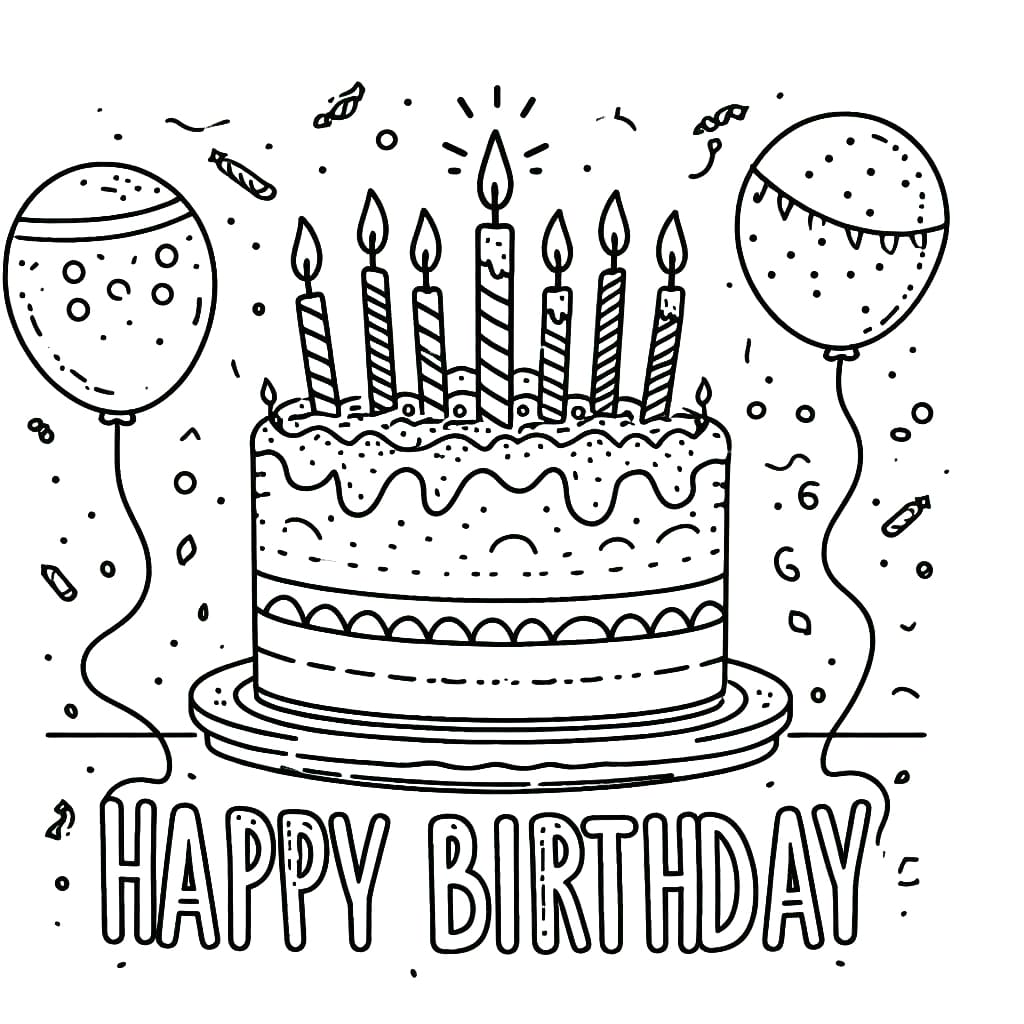 Desenho de Bolo de Aniversário e Balões para Colorir