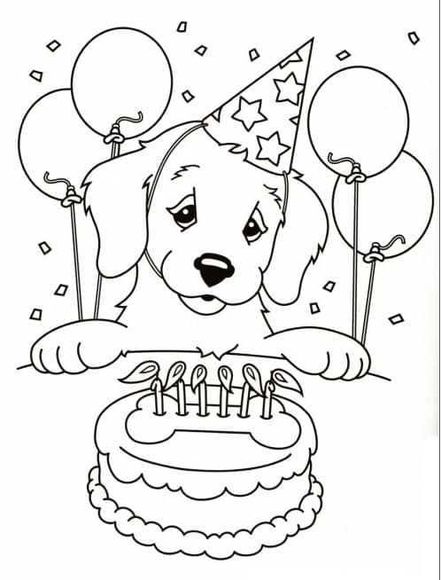 Desenho de Cachorro e Bolo de Aniversário para Colorir
