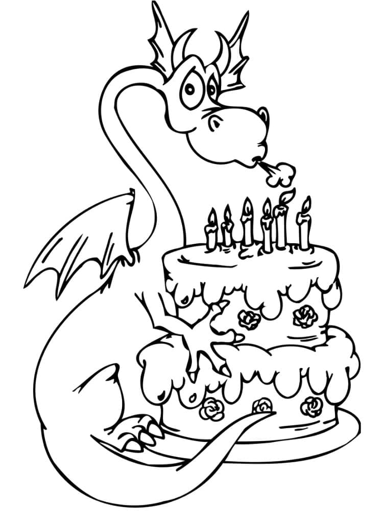 Desenho de Dragão e Bolo de Aniversário para Colorir