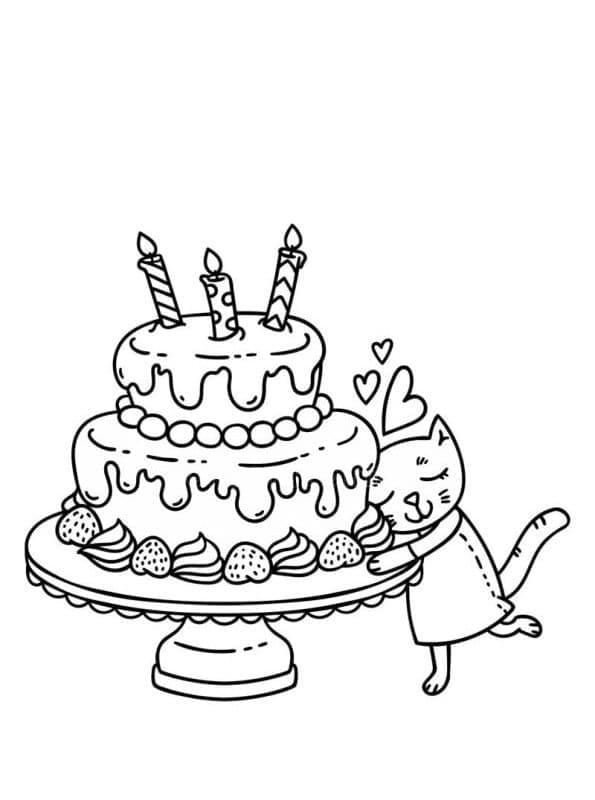 Desenho de Gatinho e Bolo de Aniversário para Colorir