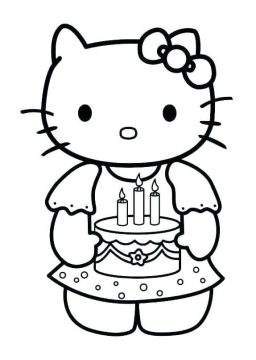 Desenho de Hello Kitty e Bolo de aniversário para Colorir