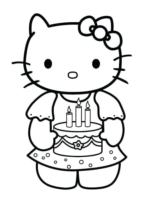 Desenho de Hello Kitty e Bolo de Aniversário para Colorir