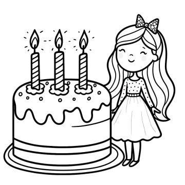 Desenho de Menina e Bolo de aniversário para Colorir