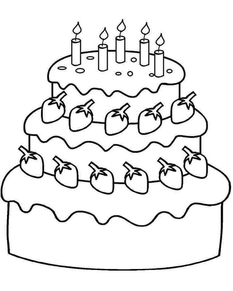 Desenho Pdf de Bolo de Aniversário Sabor Morango para Colorir