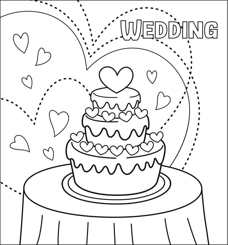 Baixar Desenho de Bolo de Casamento em Cima da Mesa com Corações para Pintar