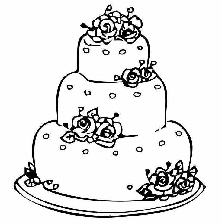 Desenho Imprimivel de Bolo de Casamento com Rosas para Colorir