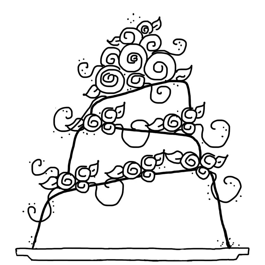 Desenho Lindo de Bolo de Casamento com Detalhes para Colorir