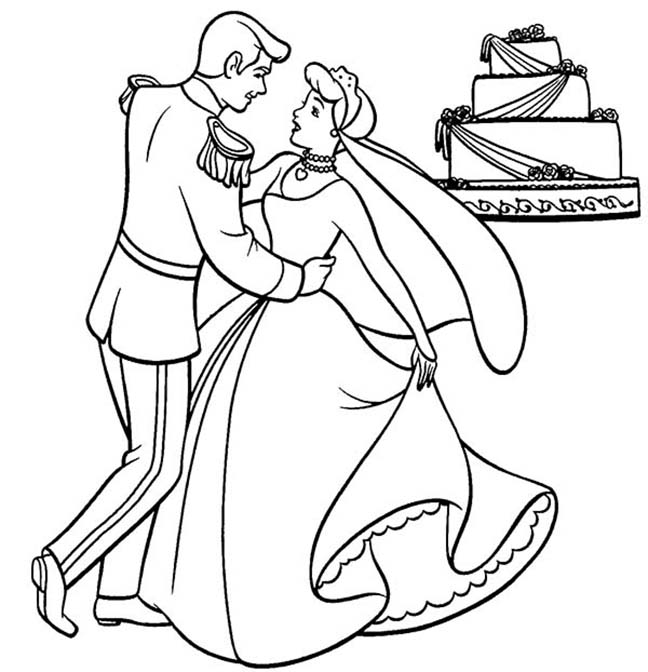 Desenho Príncipe Princesa e Delicioso Bolo de Casamento para Imprimir