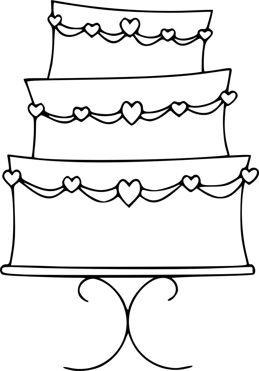 Desenho Simples de Bolo de Casamento com Decoração para Pintar