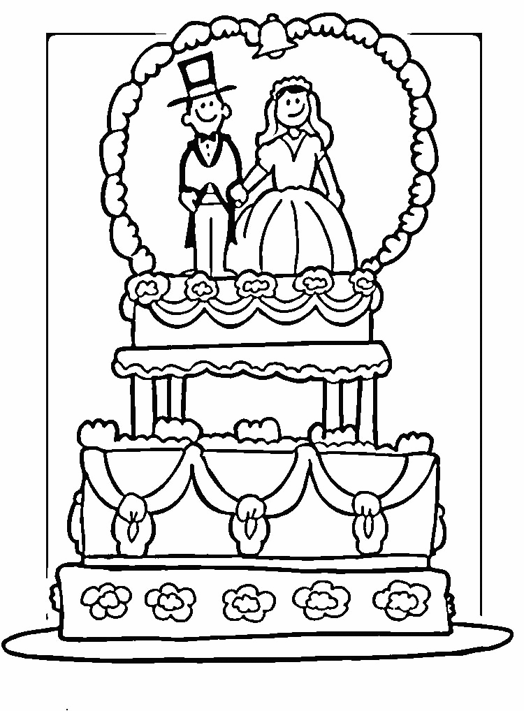 Download de Imagem com Bolo de Casamento com Noivo e Noivá em Cima para Colorir