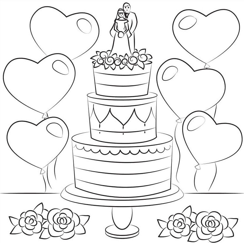 Lindo Desenho de Bolo de Casamento com Decoração Perfeito para Colorir