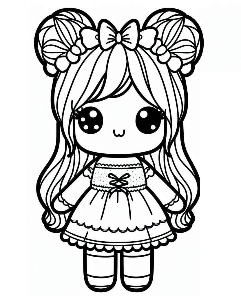 Desenho de Boneca Kawaii Muito Fofa para Colorir