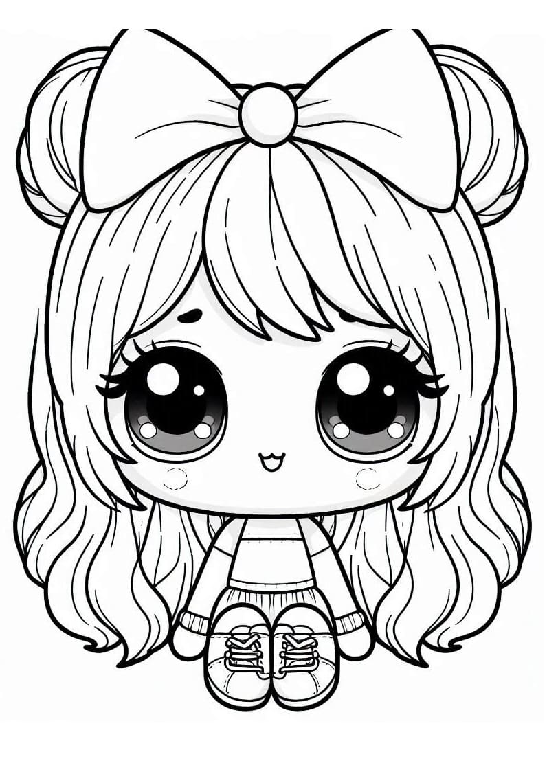 Desenho de Pequena Boneca Kawaii para Colorir