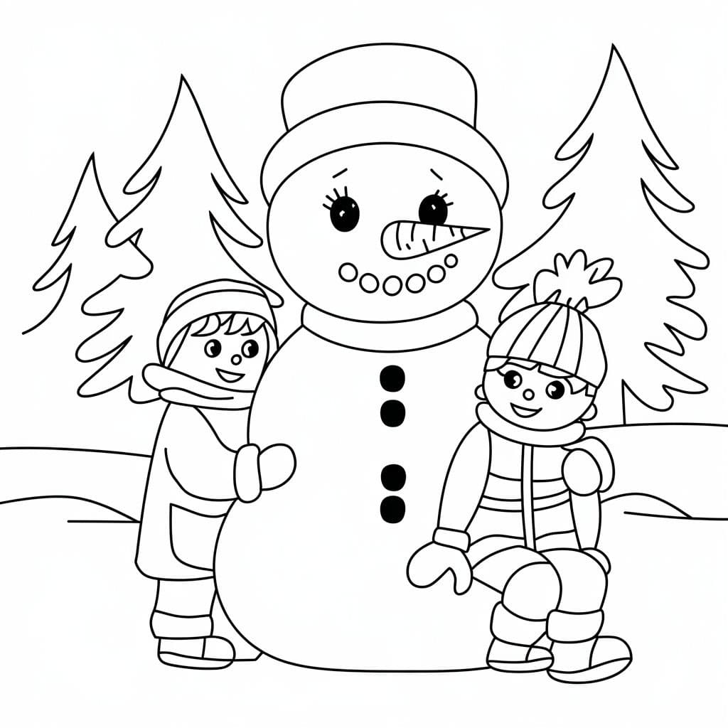 Desenho de Boneco de Neve e Dois Filhos para Colorir
