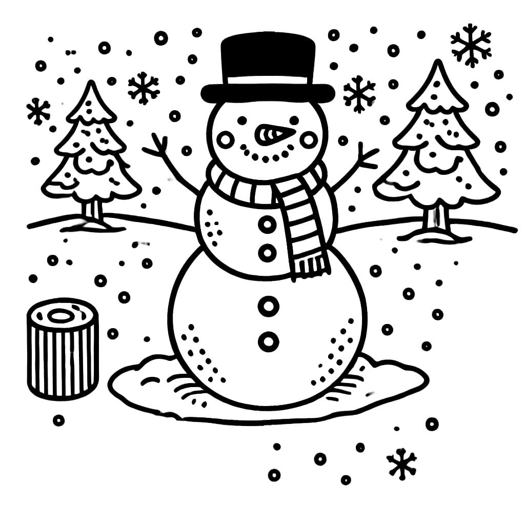 Desenho de Boneco de Neve e Dois Pinheiros para Colorir