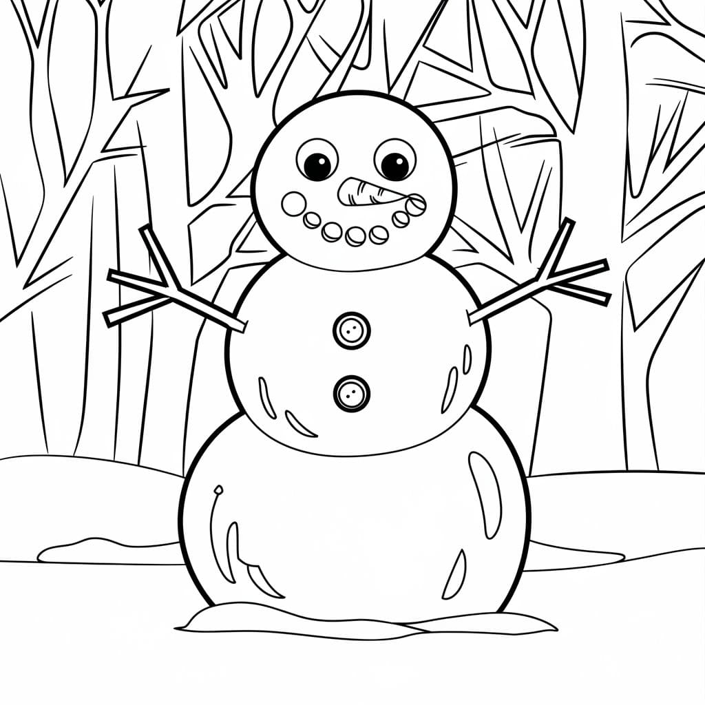 Desenho de Boneco de Neve na Floresta para Colorir