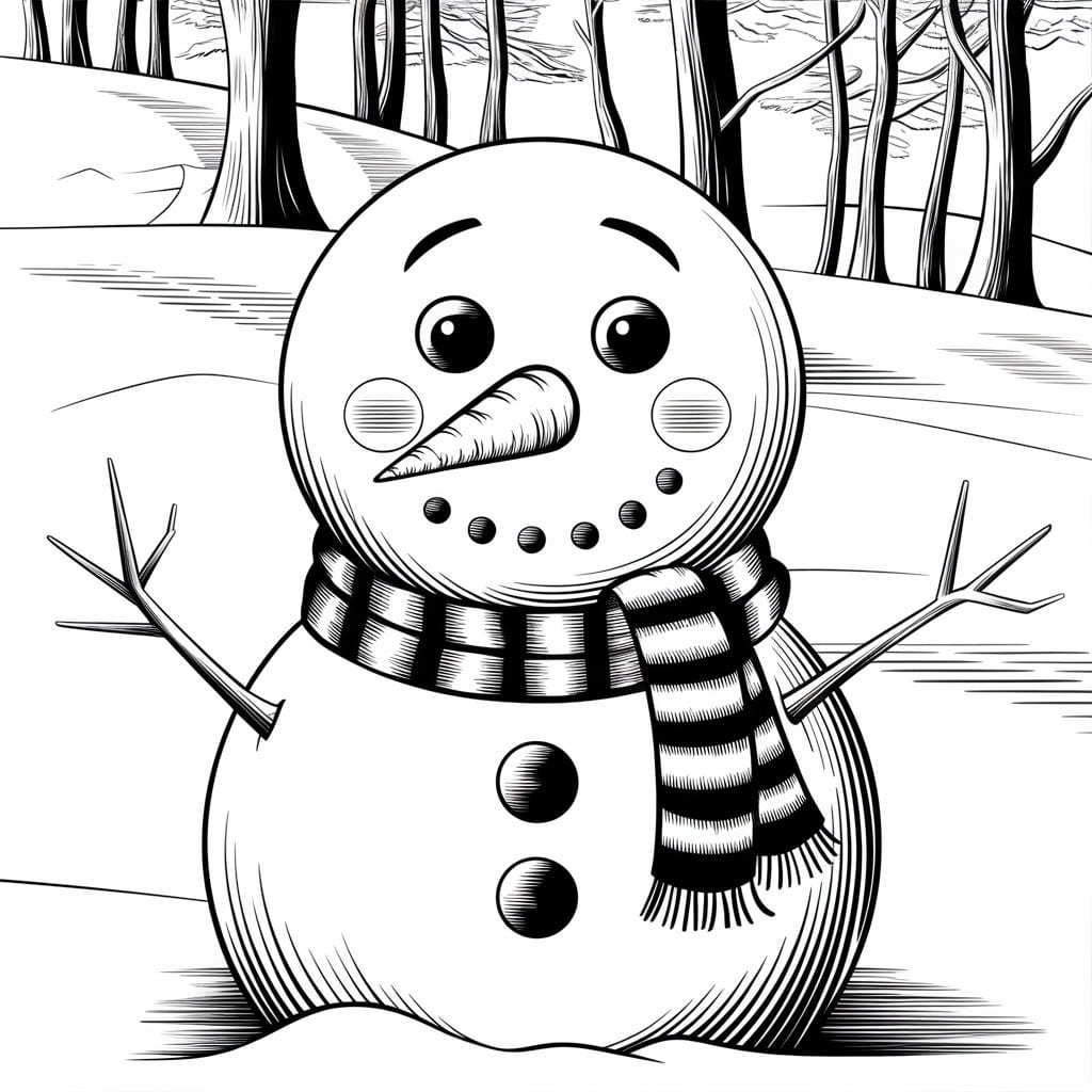 Desenho de Pequeno Boneco de Neve na Floresta para Colorir