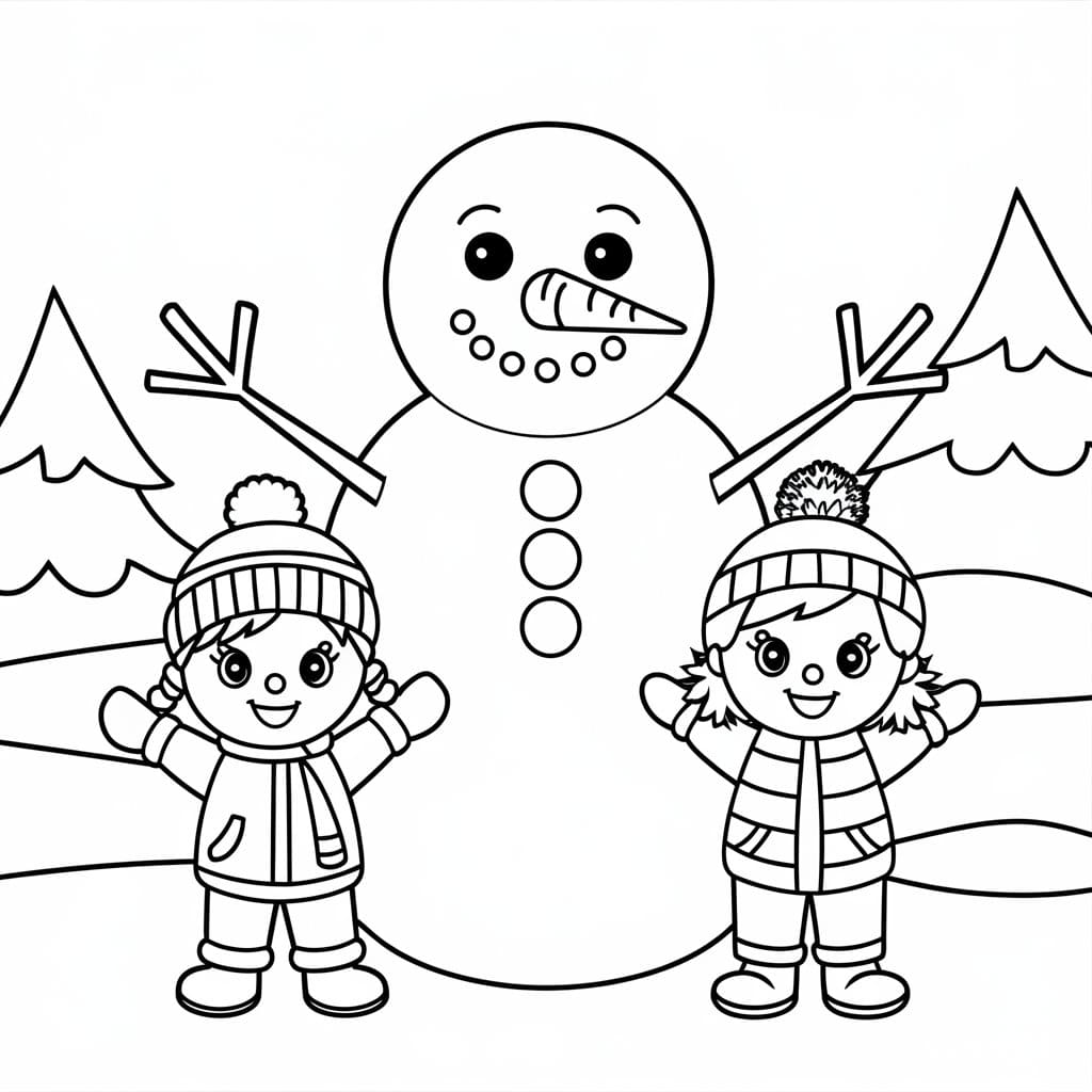 Desenho de Boneco de Neve com Crianças para Colorir