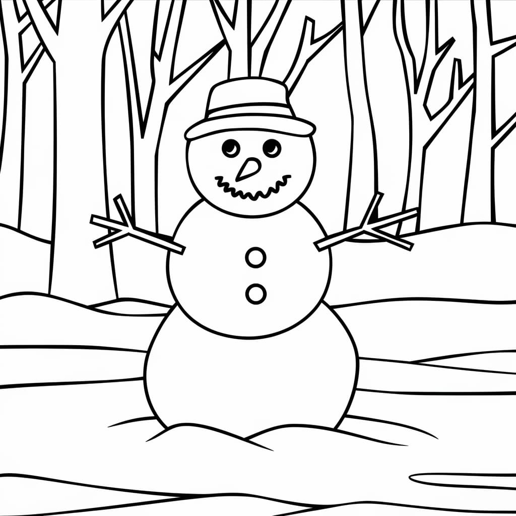 Desenho de Boneco de Neve e Árvores para Colorir