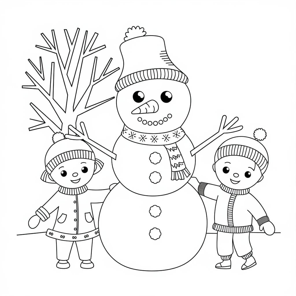 Desenho de Boneco de Neve e Crianças para Colorir