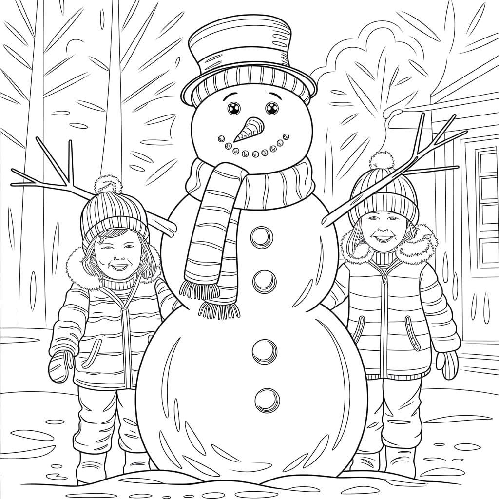 Desenho de Boneco de Neve Grande e Crianças para Colorir