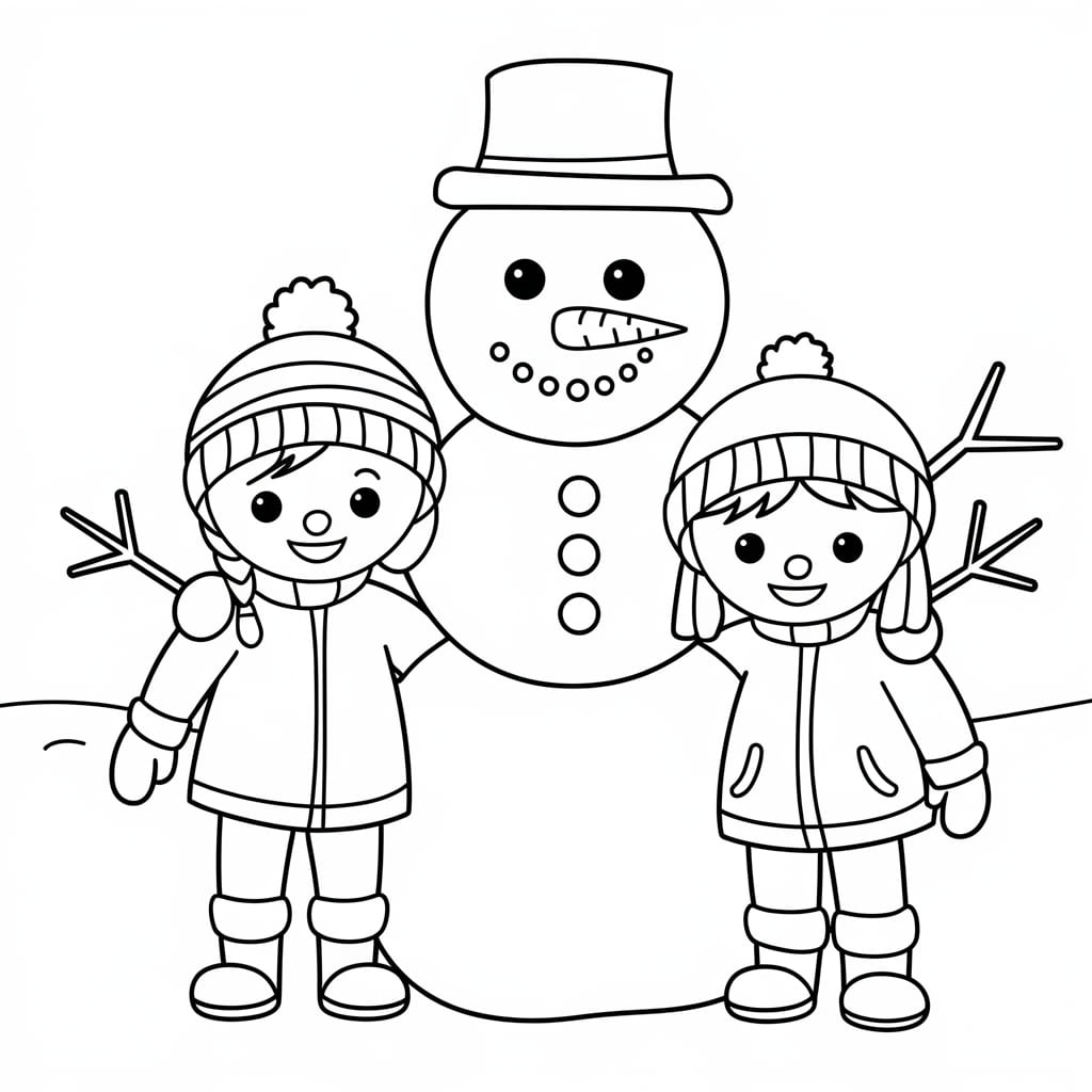 Desenho de Crianças com Boneco de Neve para Colorir